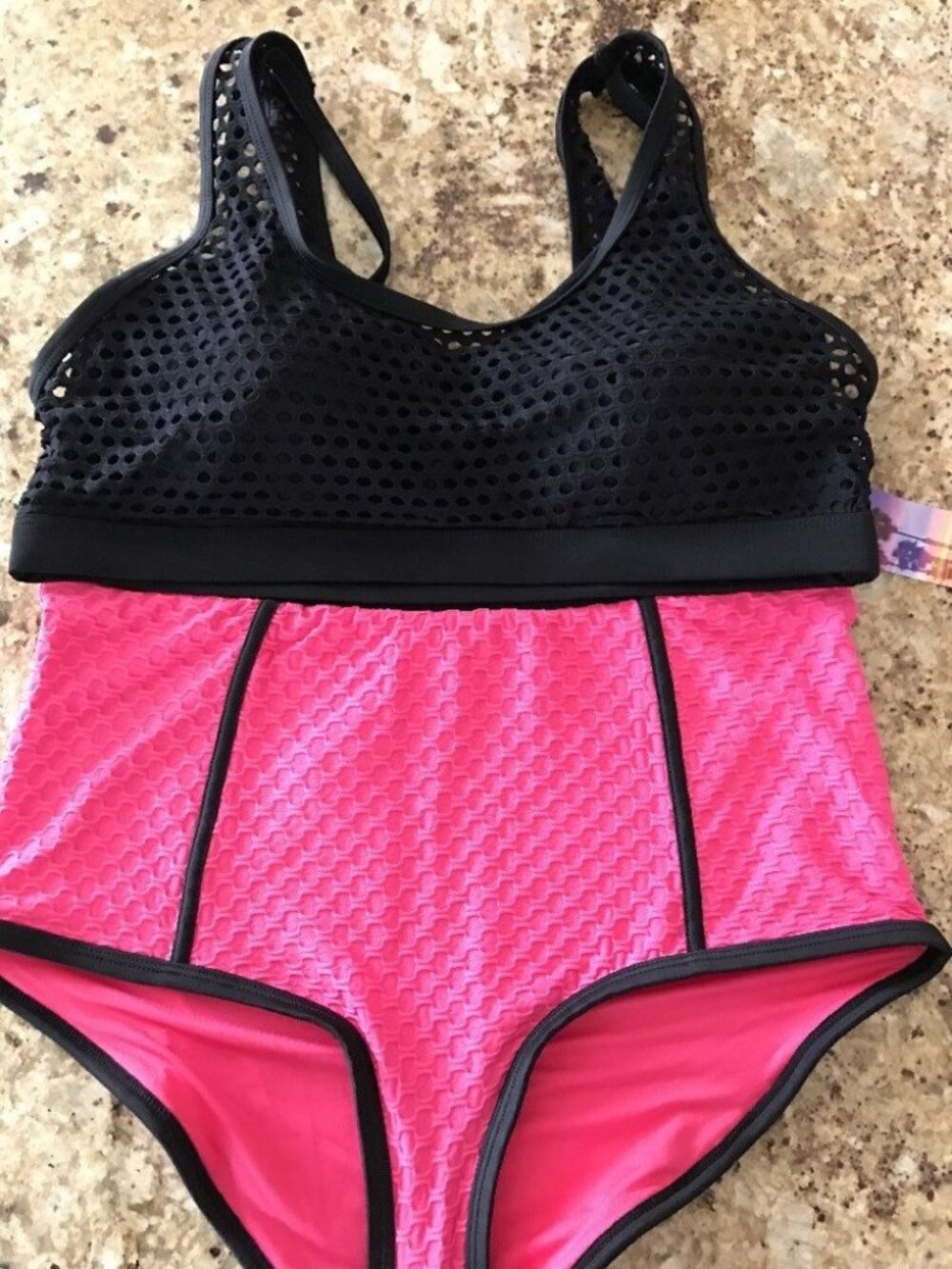 Forever 21 Plus Black Mesh Bralette Bikini Top Pink High waisted Bottom XL 2pcs